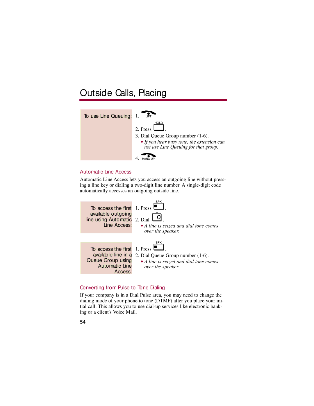 NEC 824, 308 manual To use Line Queuing, Automatic Line Access, Converting from Pulse to Tone Dialing 