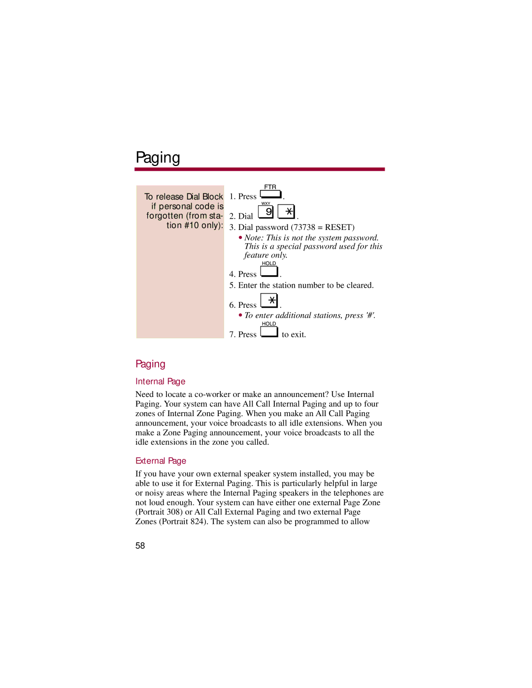 NEC 824, 308 manual Paging, Internal, External 