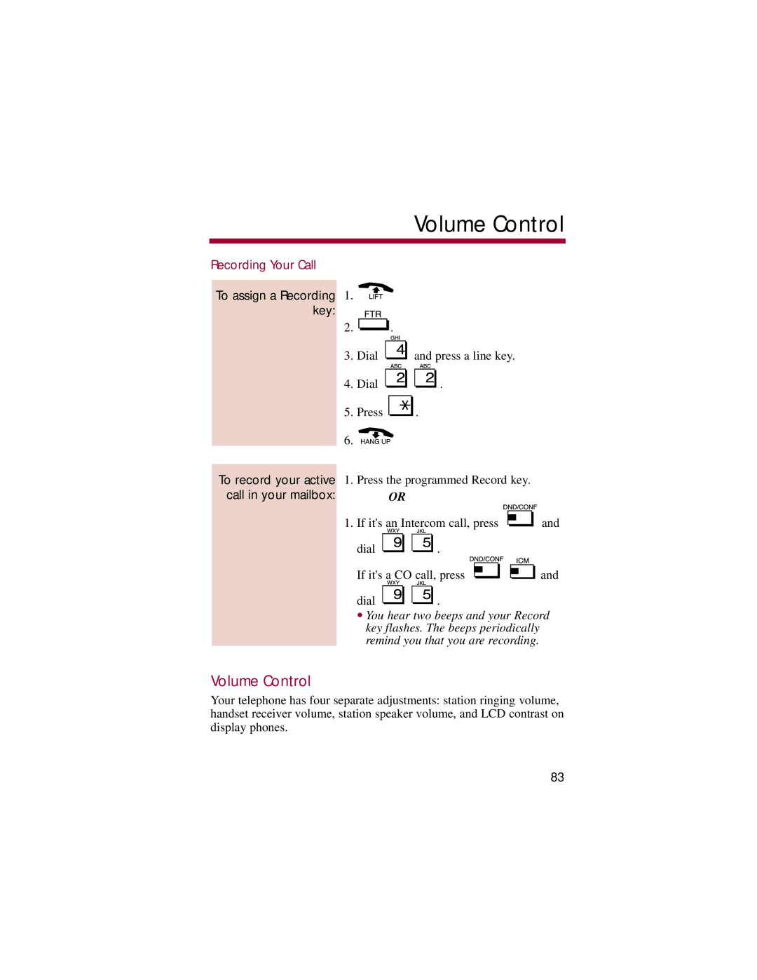 NEC 308, 824 Volume Control, Recording Your Call, To assign a Recording 1. key, To record your active call in your mailbox 