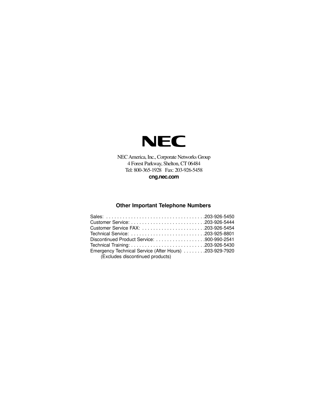 NEC 308, 824 manual Cng.nec.com Other Important Telephone Numbers 