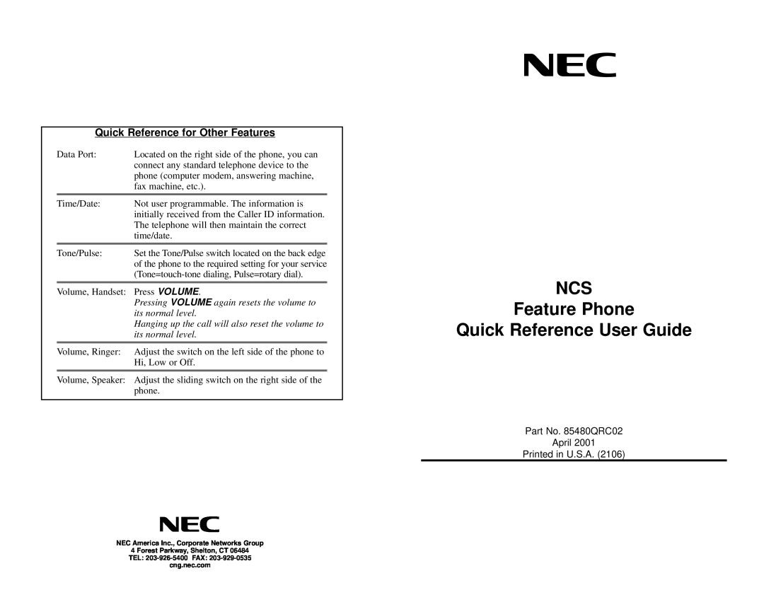 NEC 85480QRO02 manual Quick Reference for Other Features, NCS Feature Phone Quick Reference User Guide 