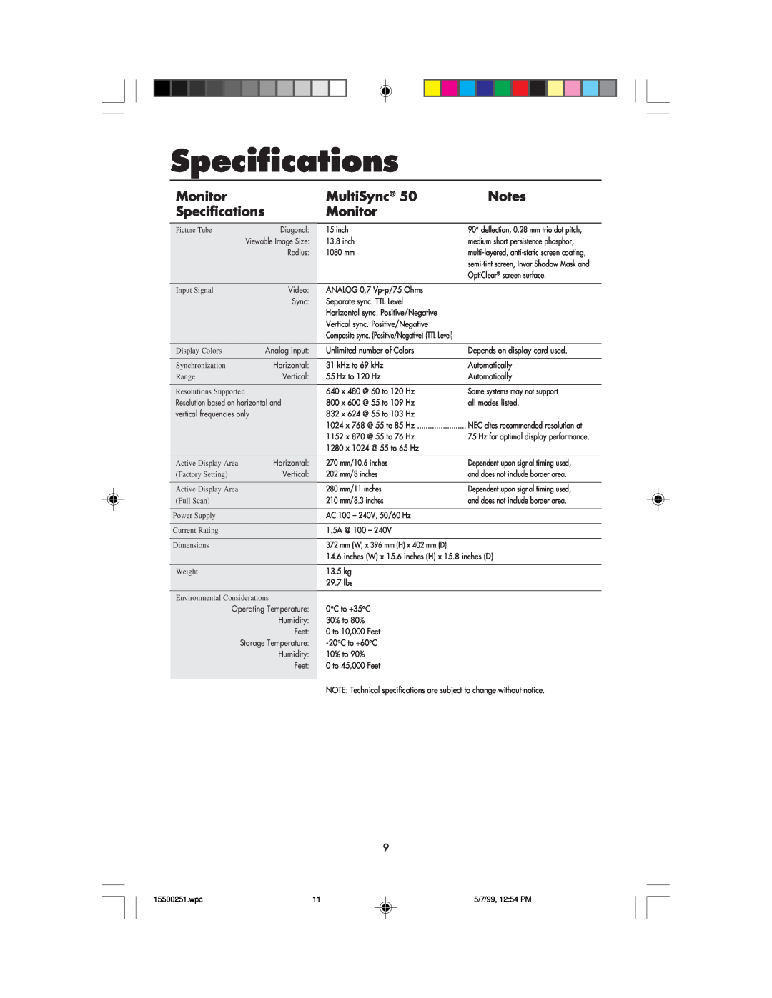 NEC MultiSync 50, 90 user manual Specifications, Monitor 