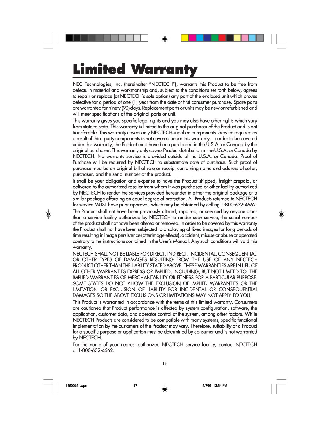 NEC MultiSync 50, 90 user manual Limited Warranty 