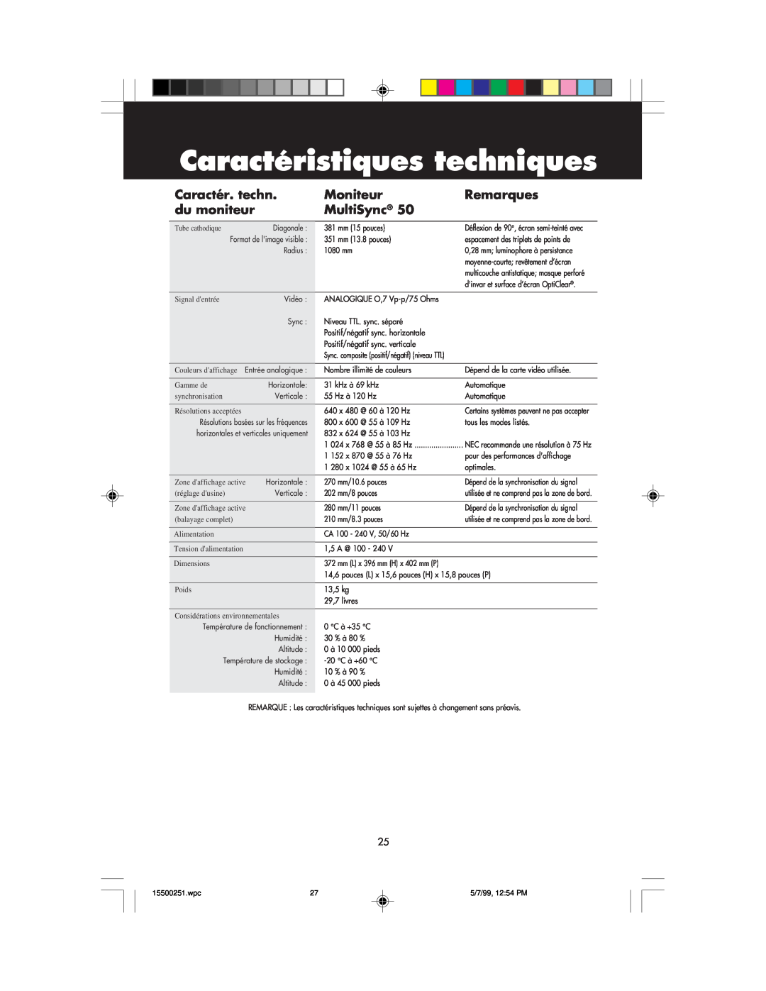 NEC MultiSync 50, 90 user manual Caractéristiques techniques, Caractér. techn, Moniteur, Remarques, du moniteur 