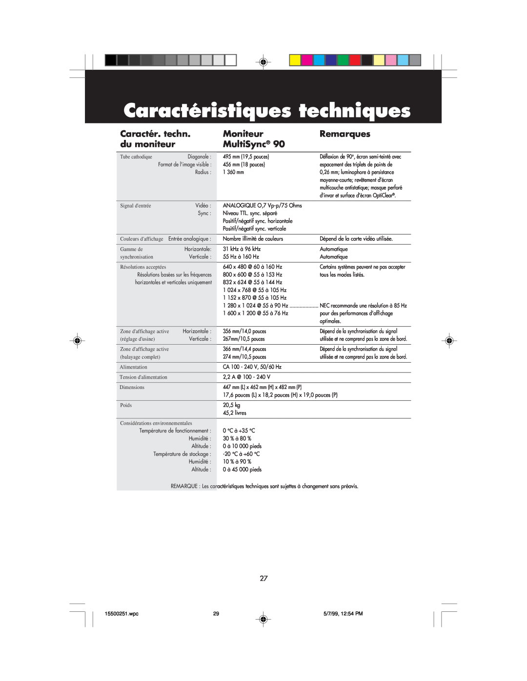 NEC MultiSync 50, 90 user manual Caractéristiques techniques, Caractér. techn, Moniteur, Remarques, du moniteur 