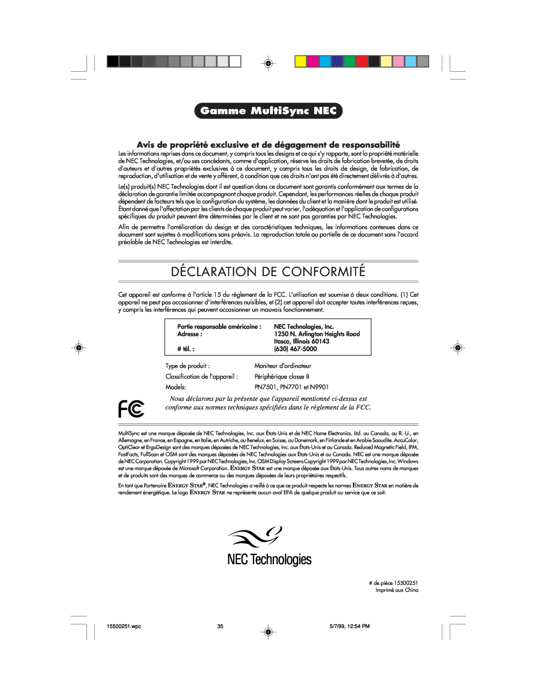 NEC MultiSync 50, 90 user manual Déclaration De Conformité, Gamme MultiSync NEC 
