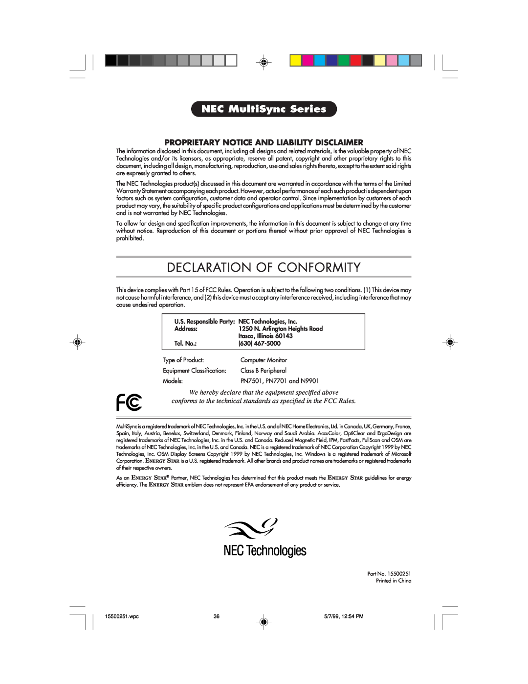 NEC 90, MultiSync 50 Declaration Of Conformity, NEC MultiSync Series, Proprietary Notice And Liability Disclaimer 