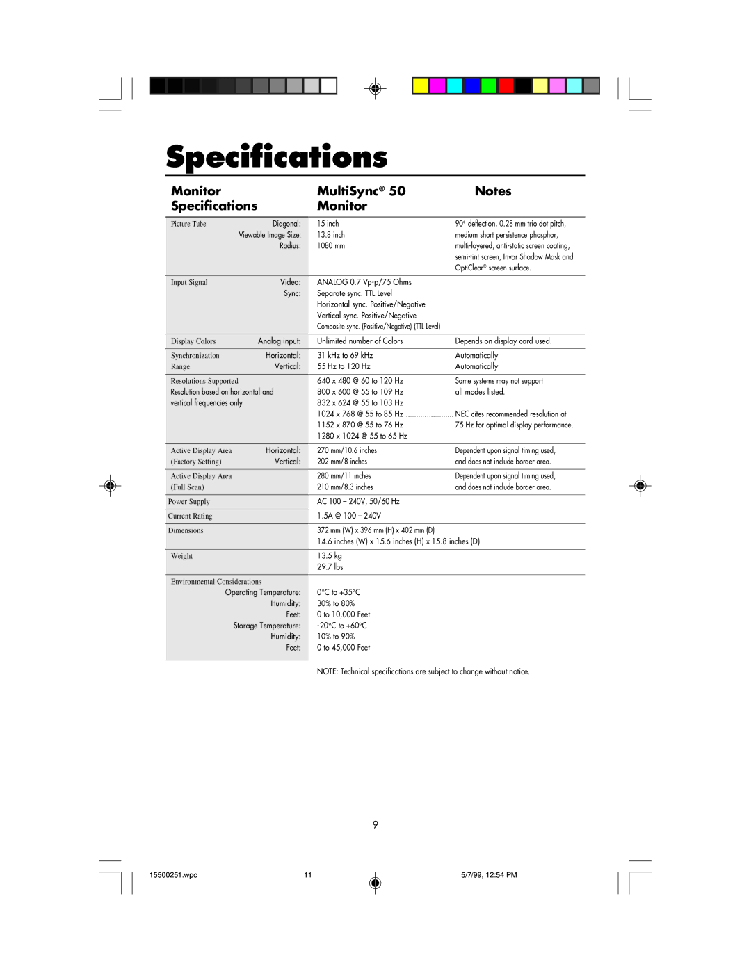 NEC MultiSync 50, 90 user manual Monitor MultiSync Specifications 