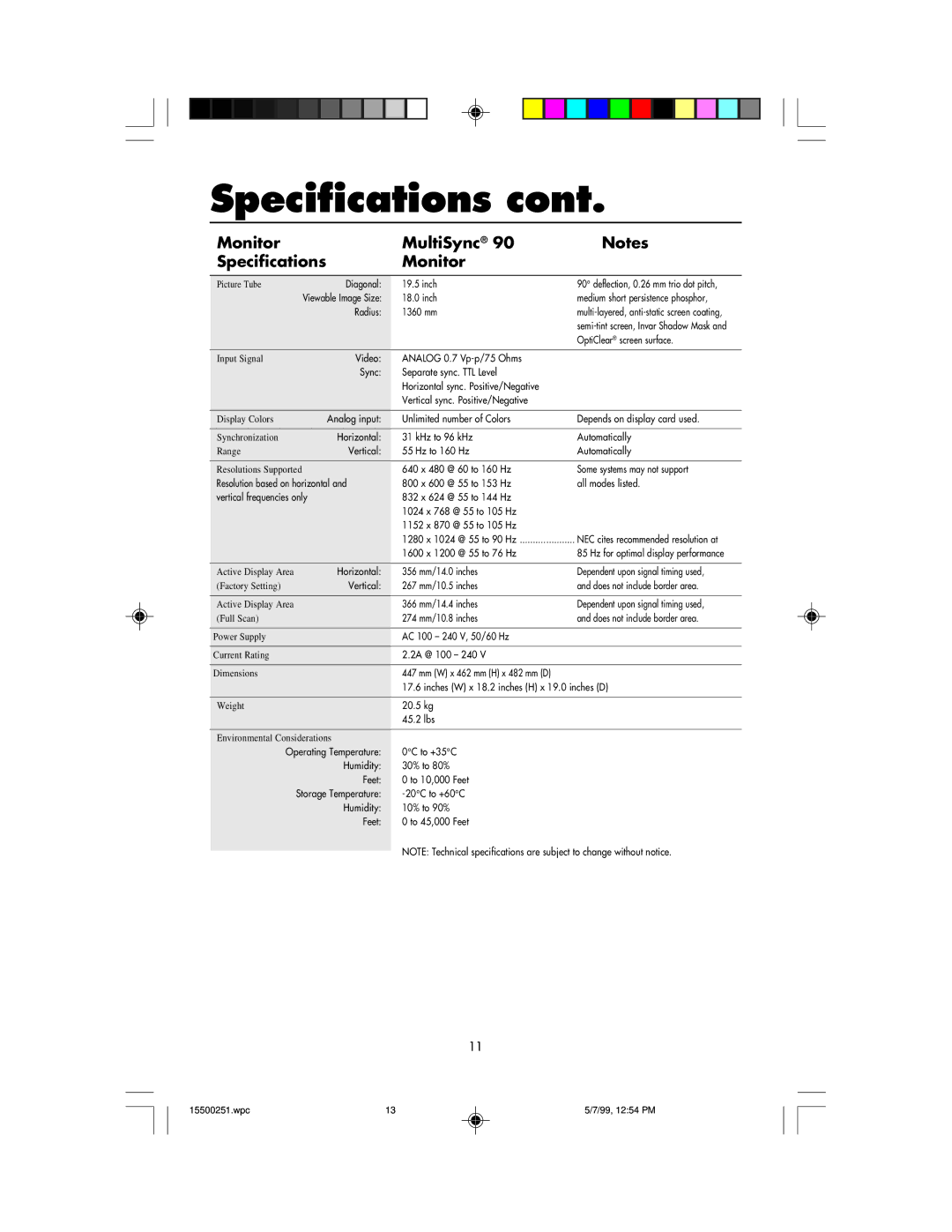 NEC MultiSync 50, 90 user manual Radius 1360 mm 