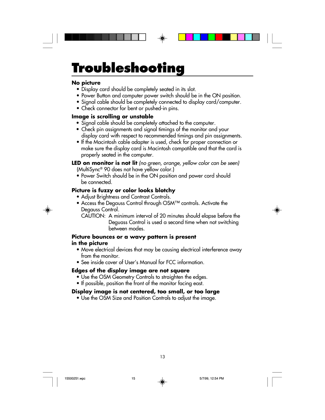 NEC MultiSync 50, 90 user manual Troubleshooting 