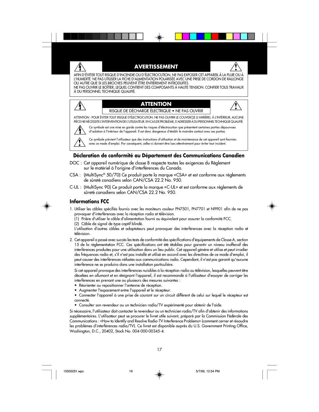 NEC MultiSync 50, 90 user manual Avertissement, Informations FCC 