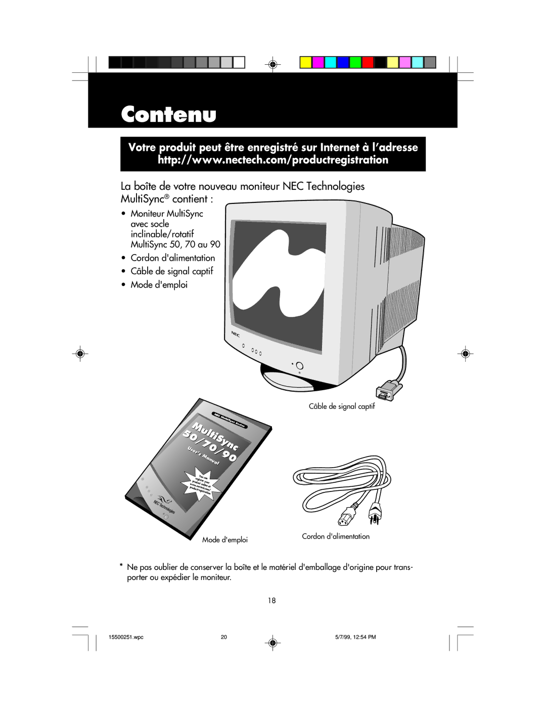 NEC 90, MultiSync 50 user manual Contenu, Votre produit peut être enregistré sur Internet à l’adresse 