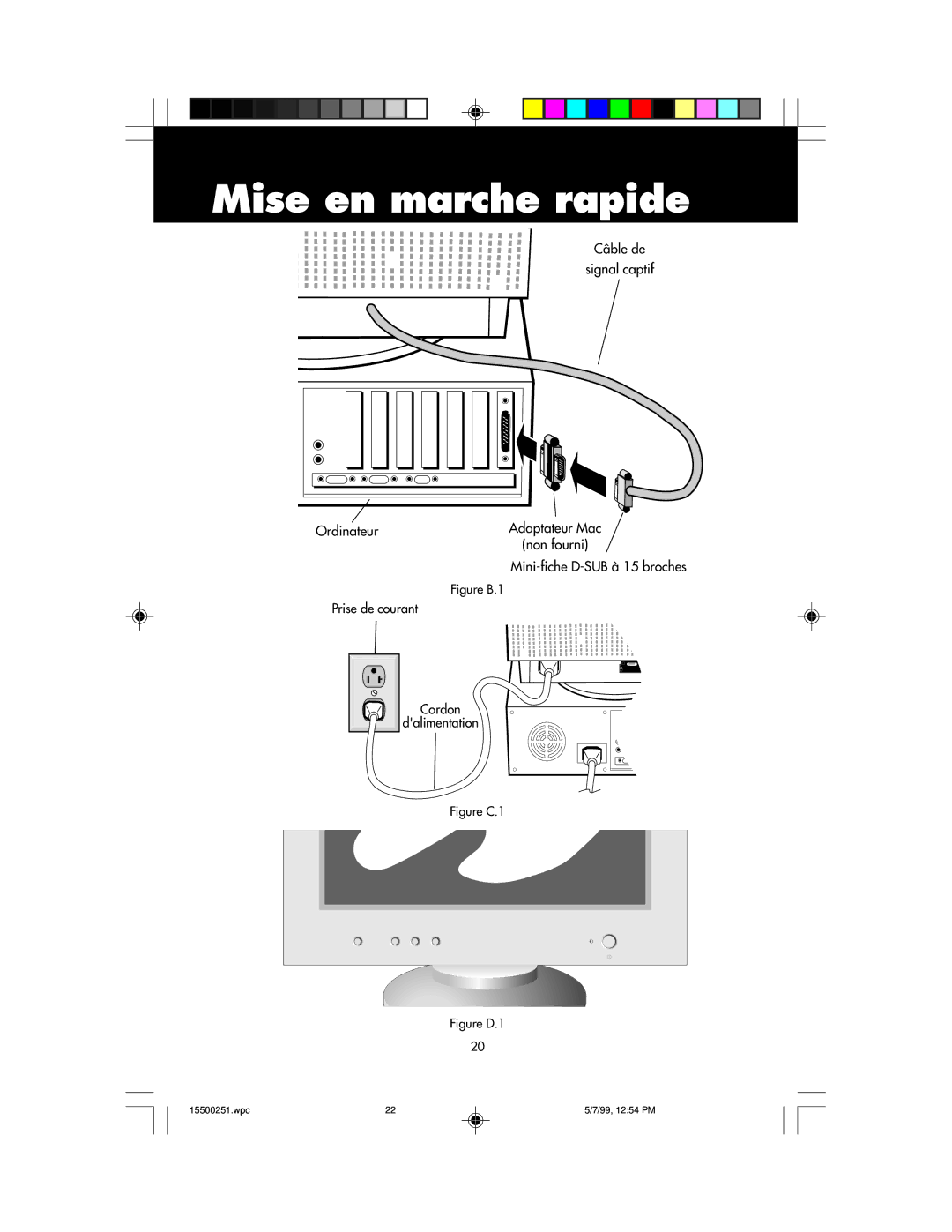 NEC 90, MultiSync 50 user manual Mise en marche rapide, Câble de Signal captif Ordinateur 