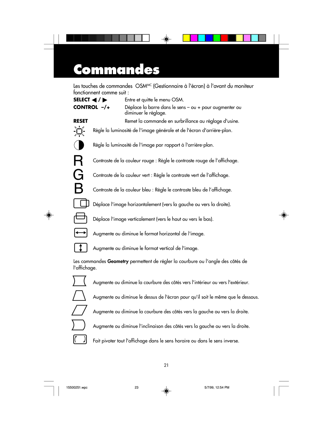 NEC MultiSync 50, 90 user manual Commandes, Reset 