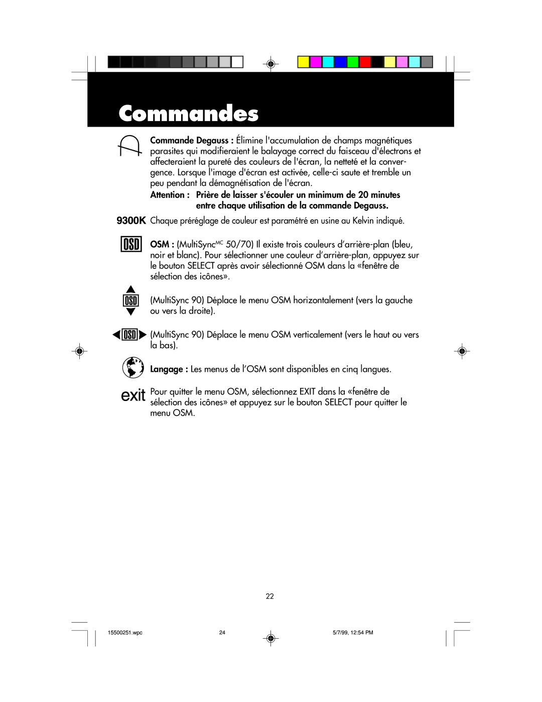 NEC 90, MultiSync 50 user manual Commandes 