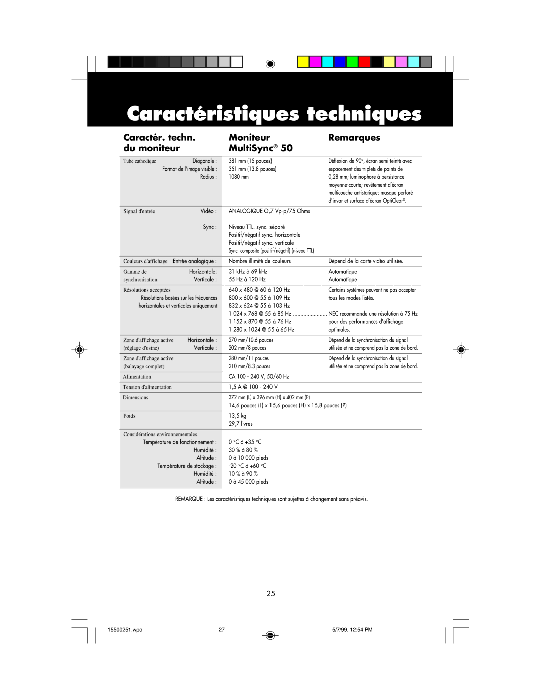 NEC MultiSync 50, 90 user manual Caractéristiques techniques, Caractér. techn Moniteur Remarques Du moniteur MultiSync 