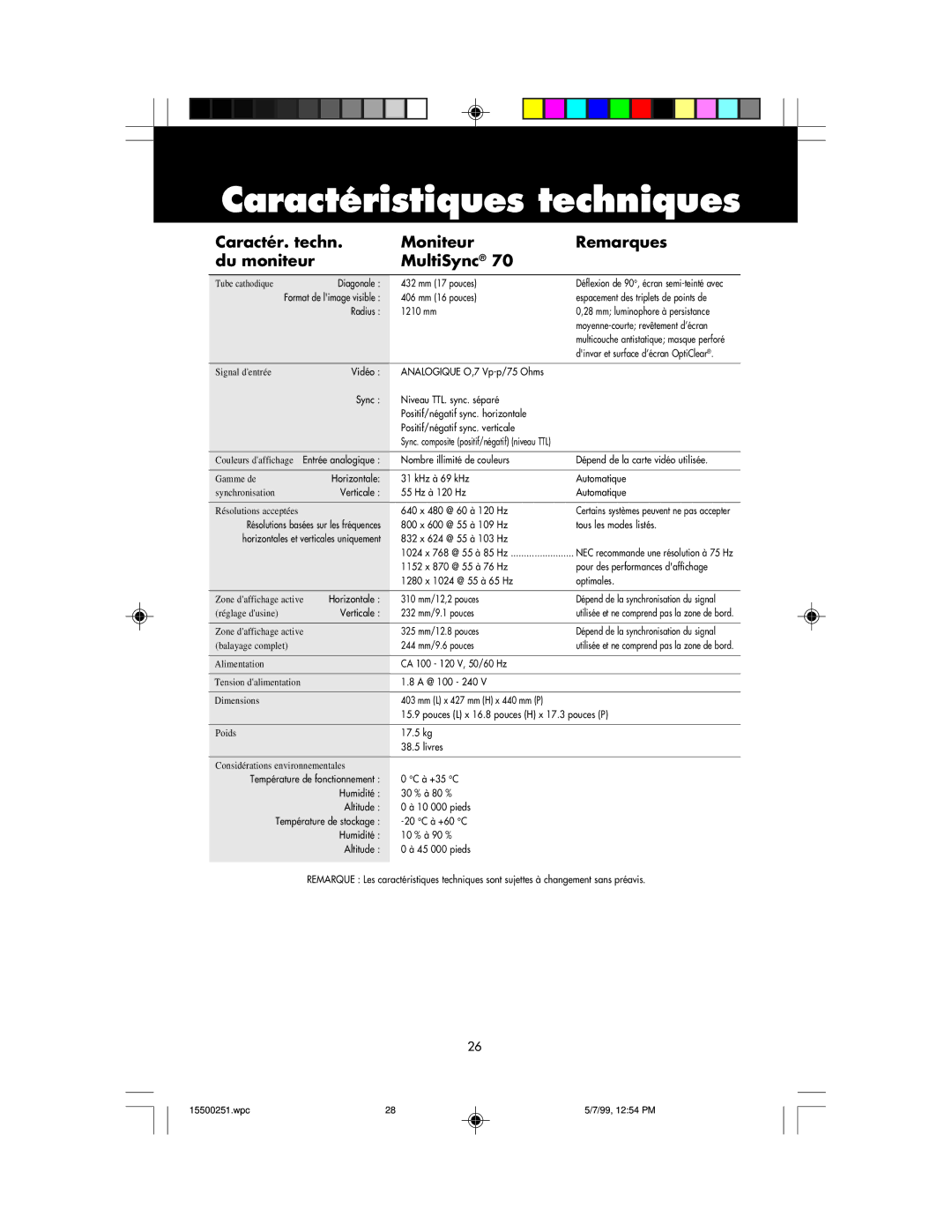 NEC 90, MultiSync 50 user manual 432 mm 17 pouces 