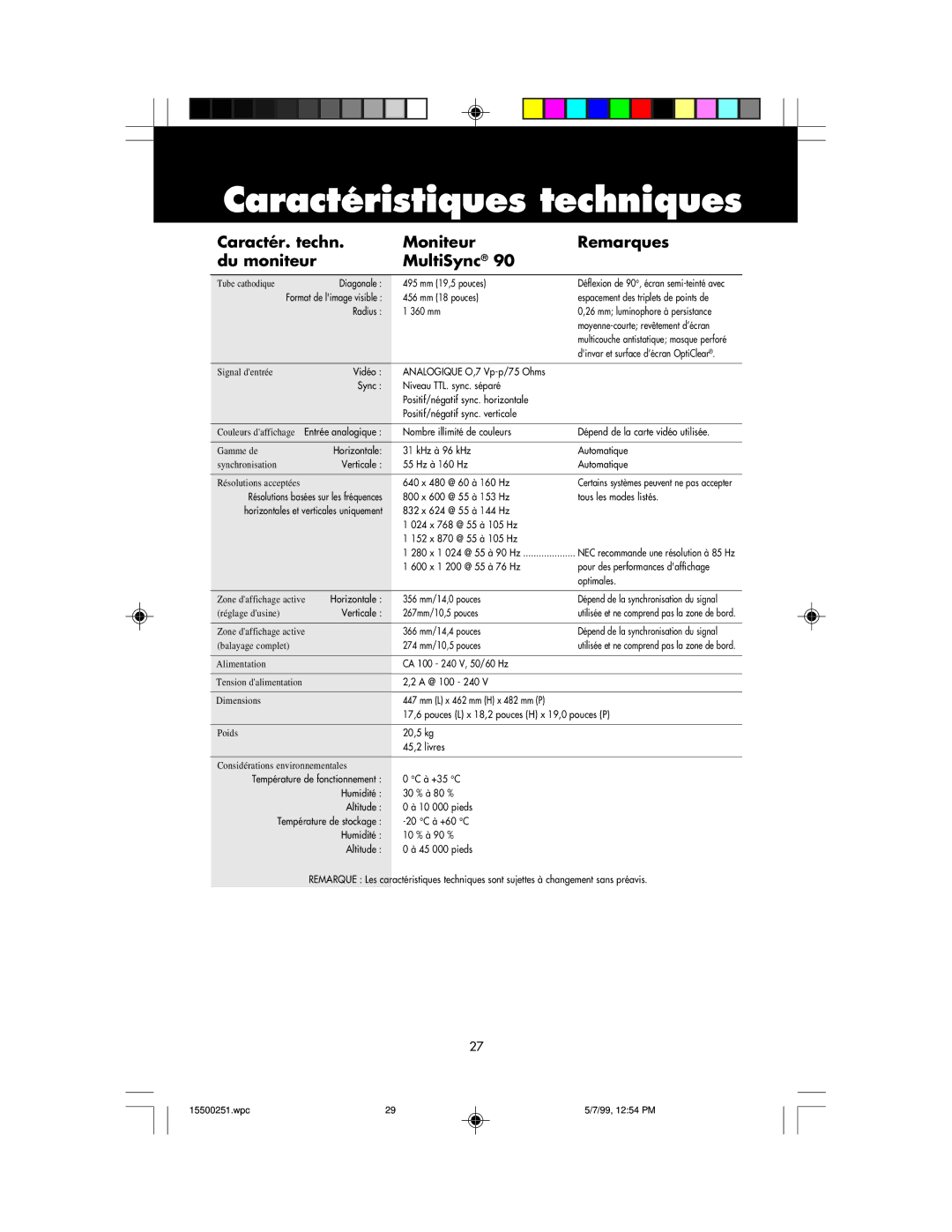 NEC MultiSync 50, 90 user manual 495 mm 19,5 pouces 