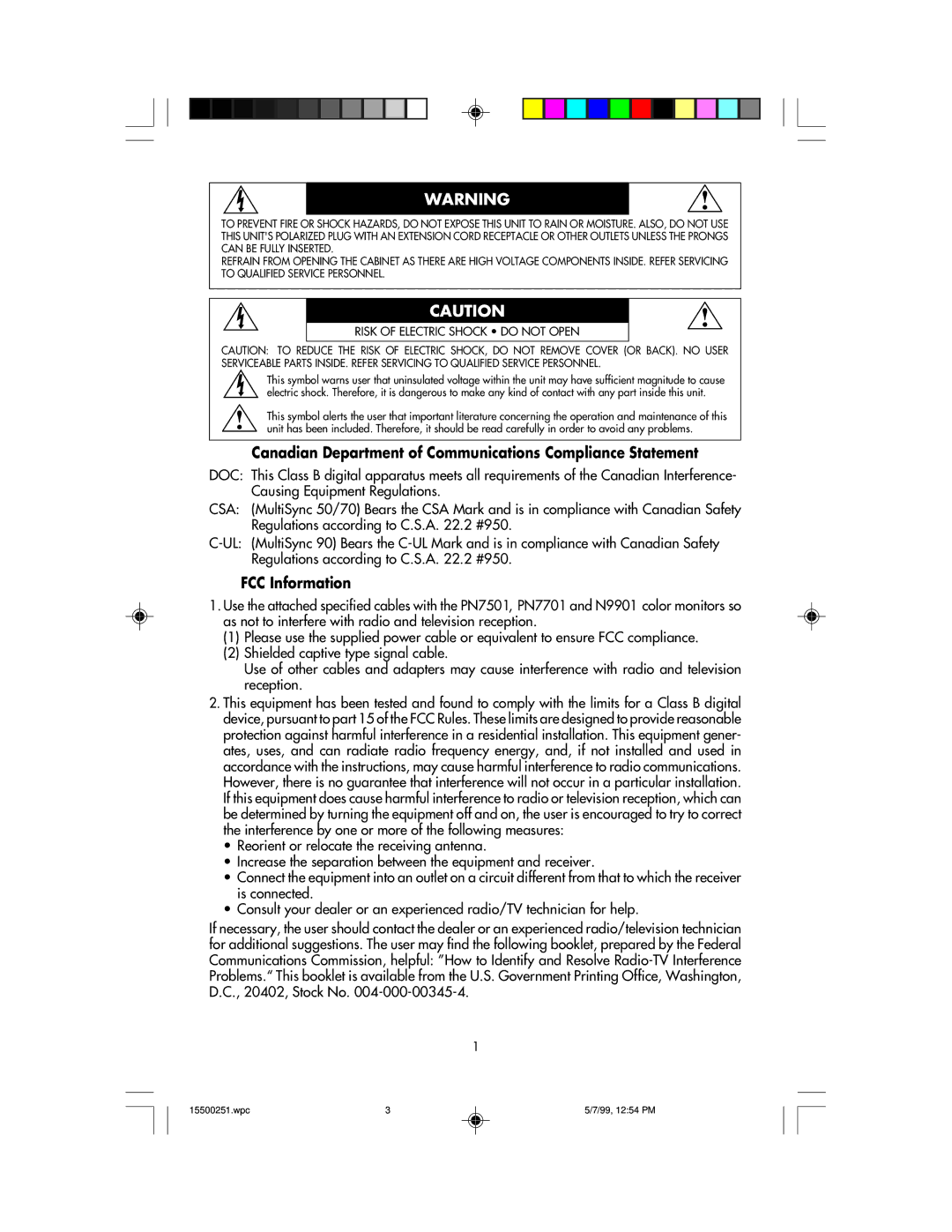 NEC MultiSync 50, 90 user manual Canadian Department of Communications Compliance Statement, FCC Information 