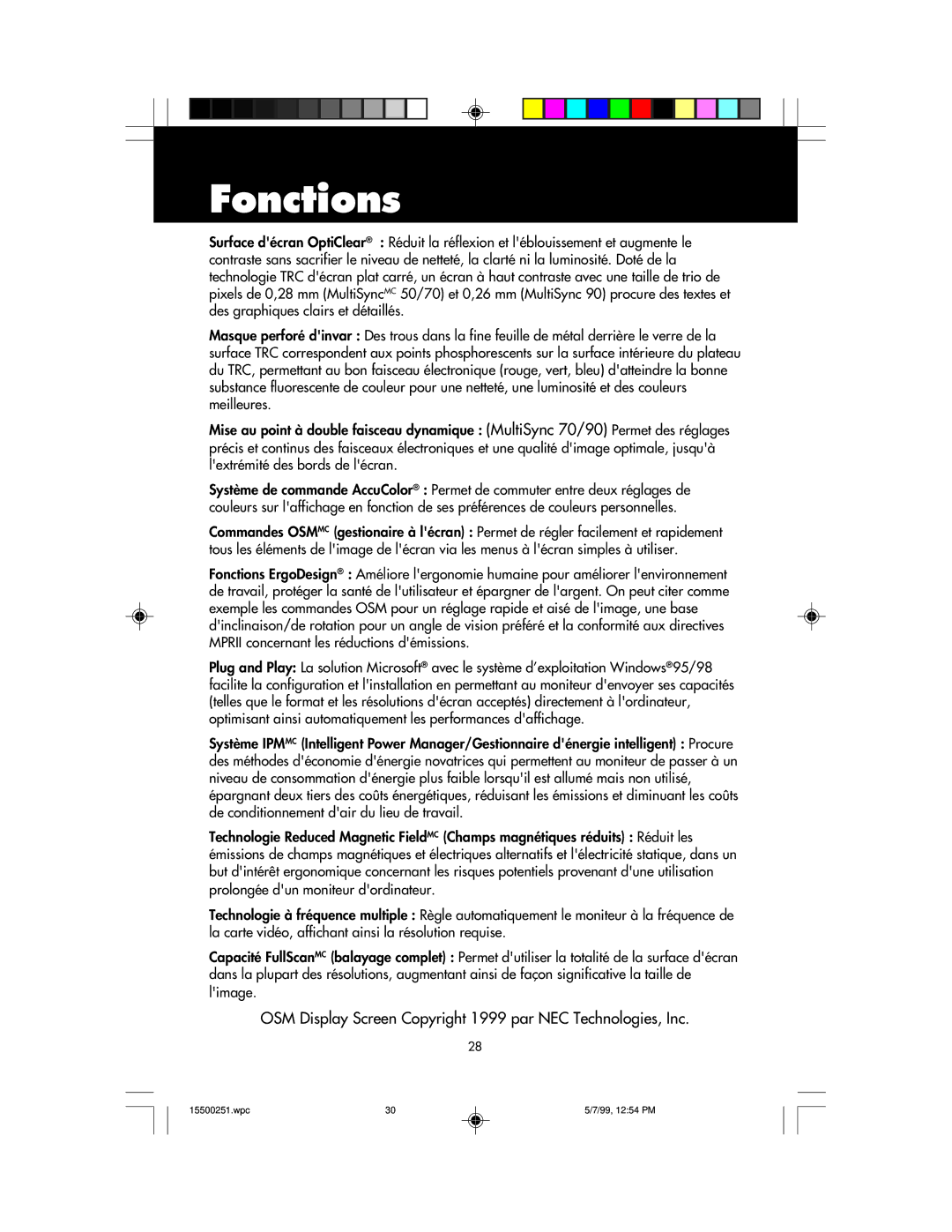 NEC 90, MultiSync 50 user manual Fonctions 