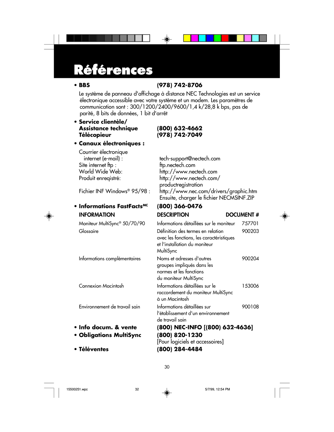 NEC 90, MultiSync 50 user manual Références, Informations FastFactsMC Information, 800 978 