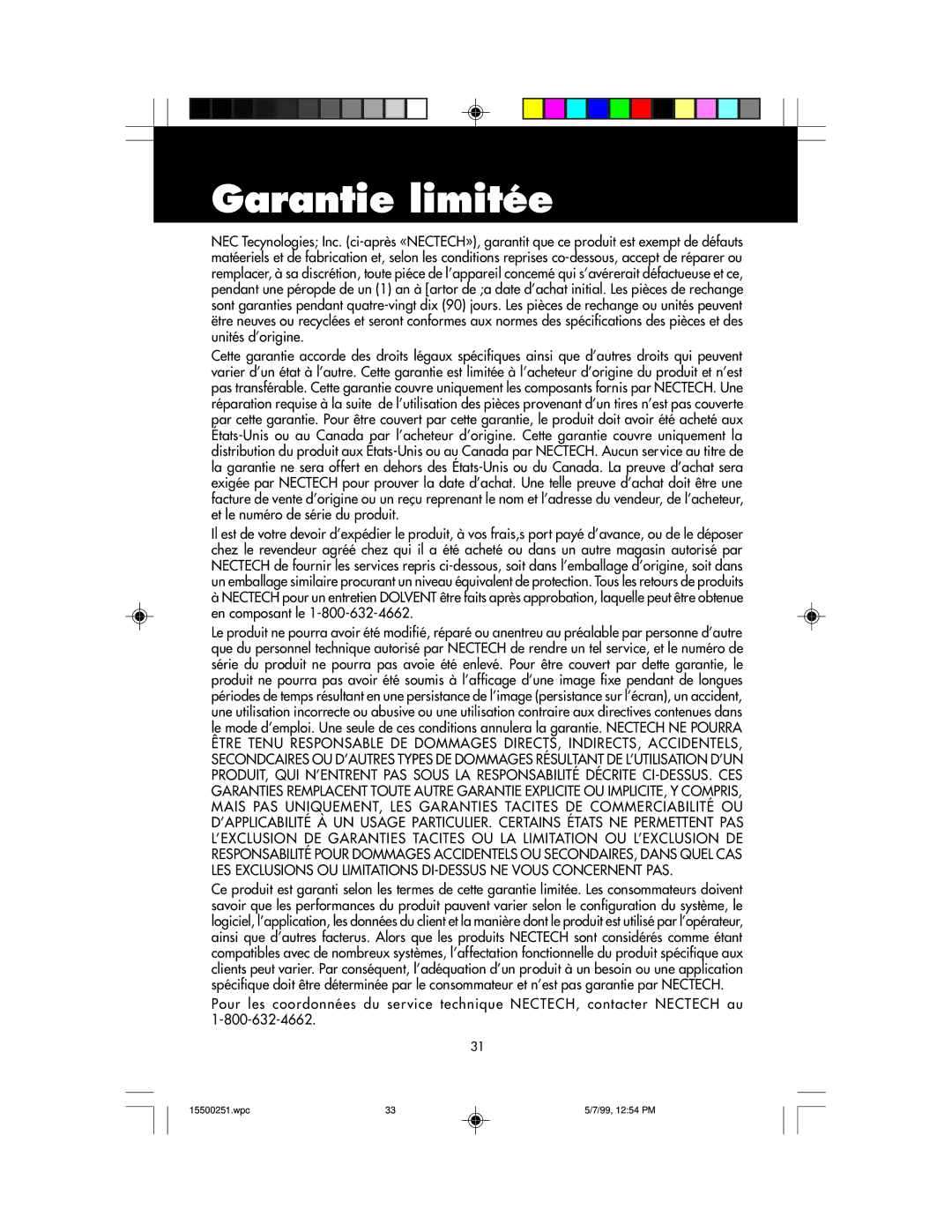 NEC MultiSync 50, 90 user manual Garantie limitée 