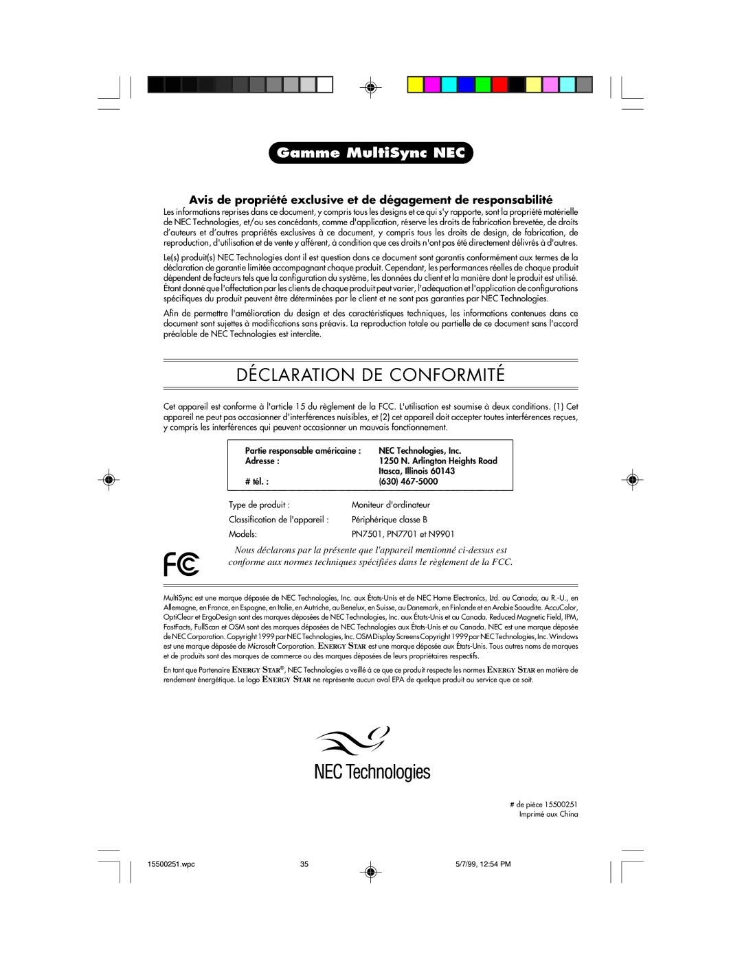 NEC MultiSync 50, 90 user manual Déclaration DE Conformité 