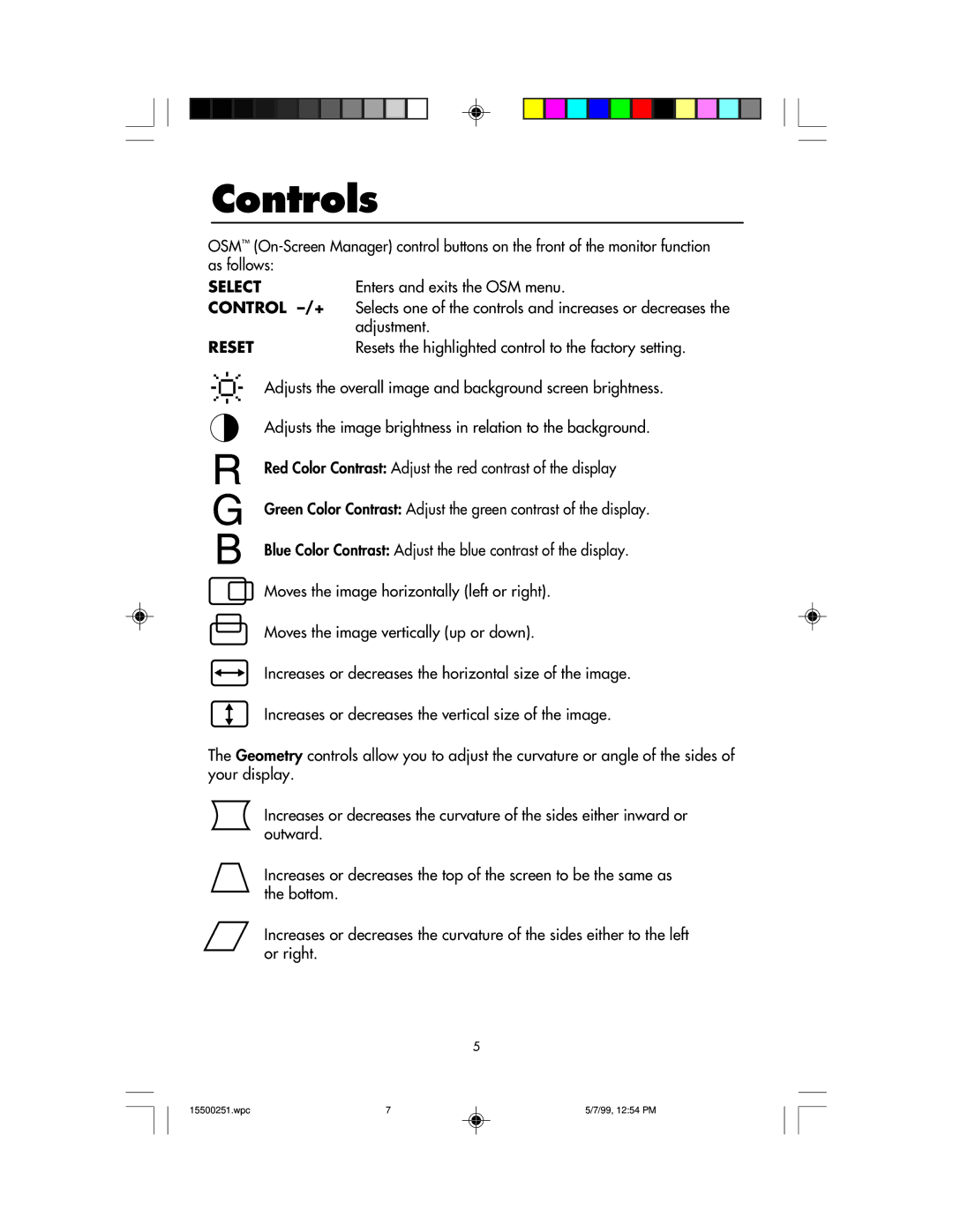 NEC MultiSync 50, 90 user manual Controls, Enters and exits the OSM menu, Adjustment 