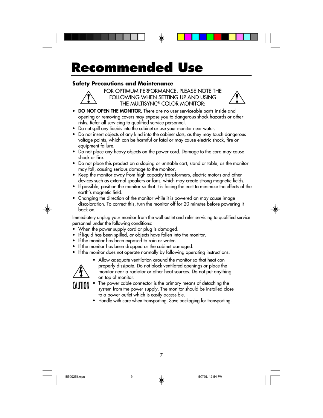 NEC MultiSync 50, 90 user manual Recommended Use, Safety Precautions and Maintenance 