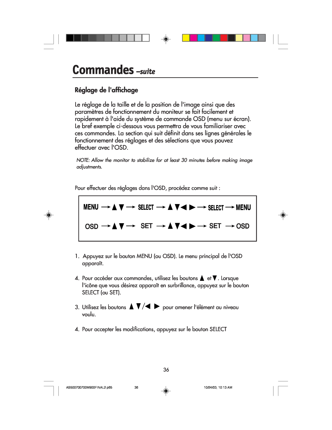 NEC 500, 900, 700 manual Commandes -suite, Réglage de laffichage 