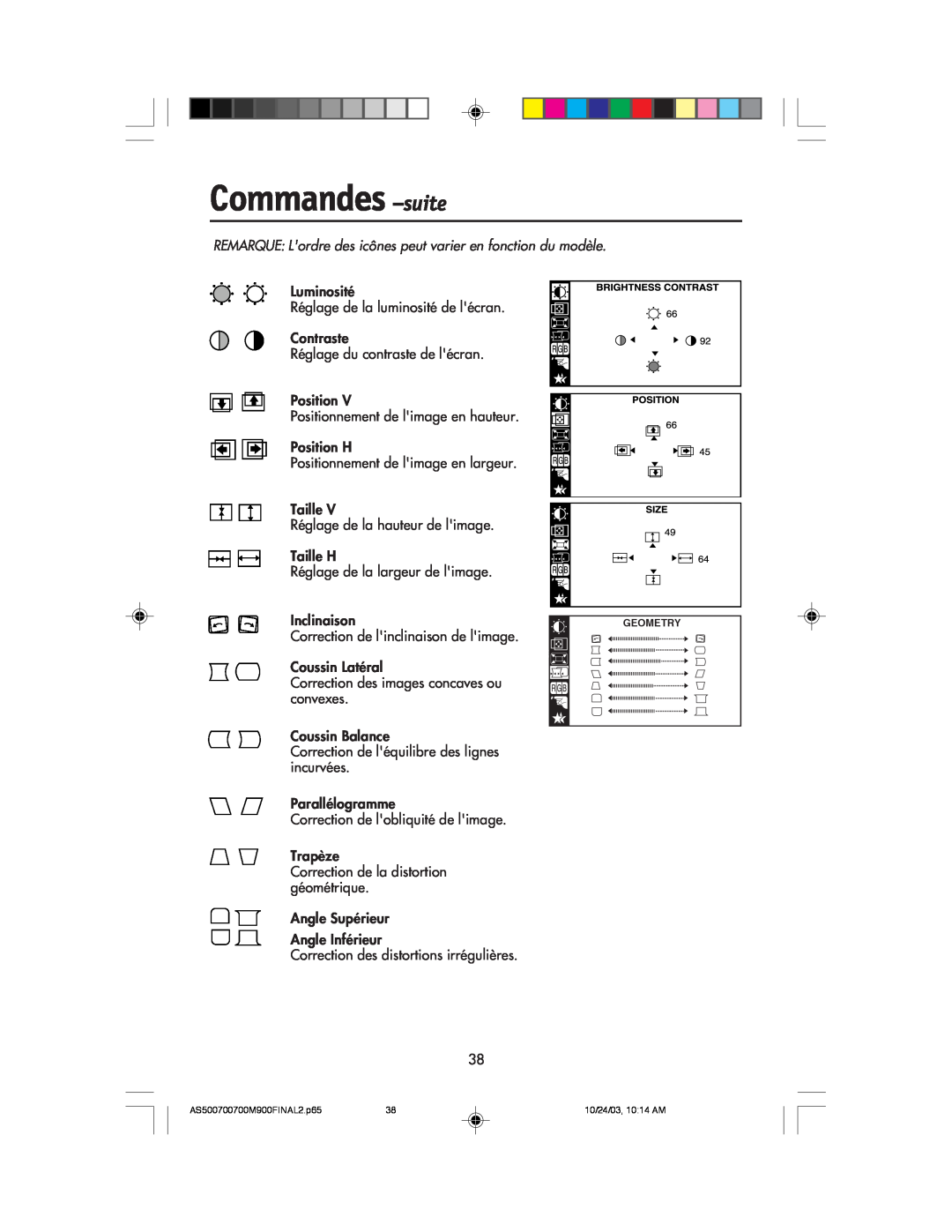 NEC 700, 900, 500 manual Commandes -suite, REMARQUE Lordre des icnes peut varier en fonction du modle 