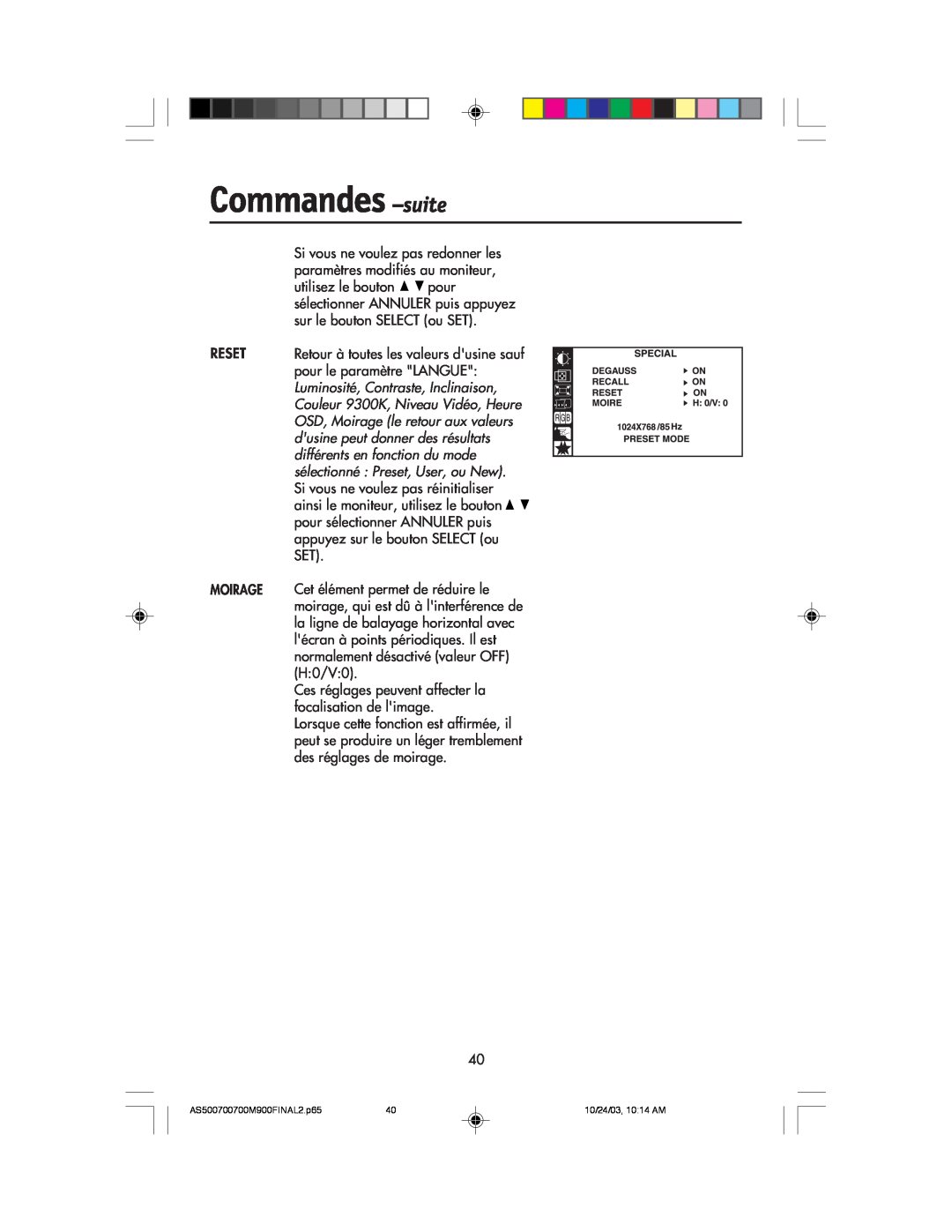 NEC 900, 700, 500 manual Commandes -suite, Reset Moirage 