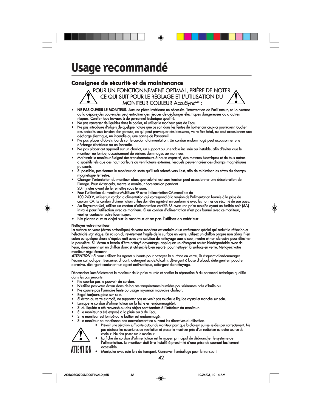 NEC 500, 900, 700 manual Usage recommandé, Consignes de sécurité et de maintenance 