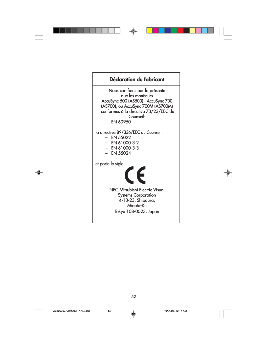 NEC 900, 700, 500 manual Déclaration du fabricant 