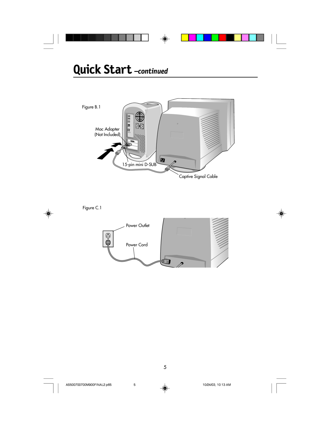 NEC manual Quick Start -continued, Figure B.1 Mac Adapter Not Included 15-pin mini D-SUB, AS500700700M900FINAL2.p65 