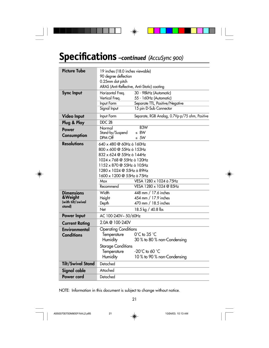 NEC 500, 900, 700 manual Inches 18.0 inches viewable 