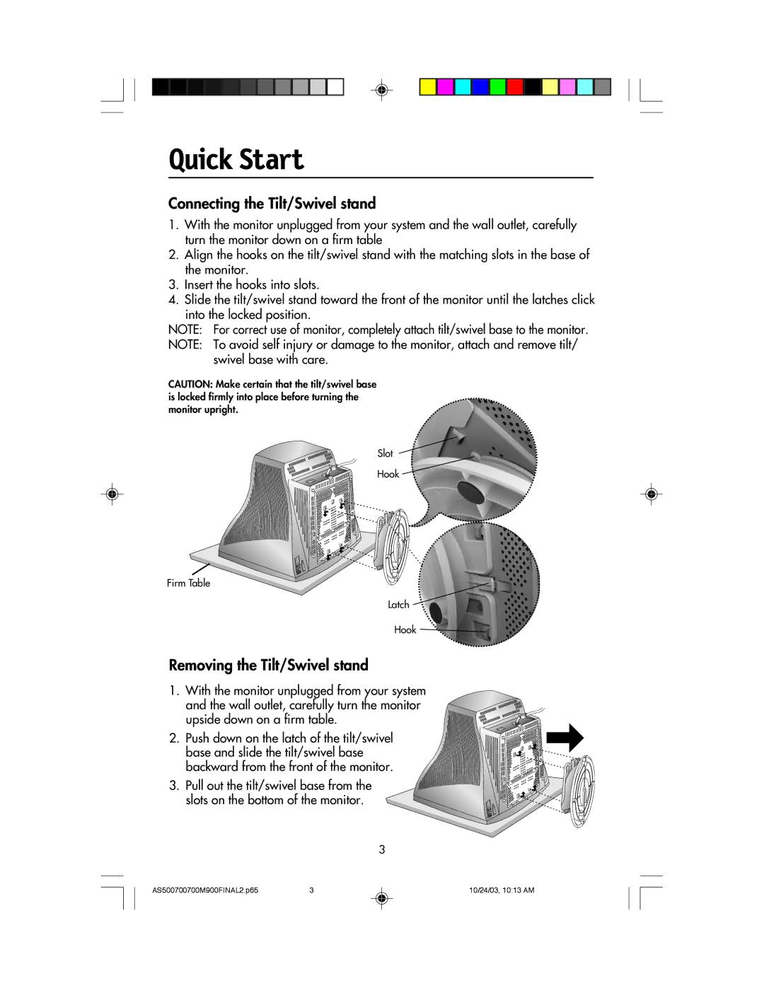 NEC 500, 900, 700 manual Quick Start, Connecting the Tilt/Swivel stand, Removing the Tilt/Swivel stand 