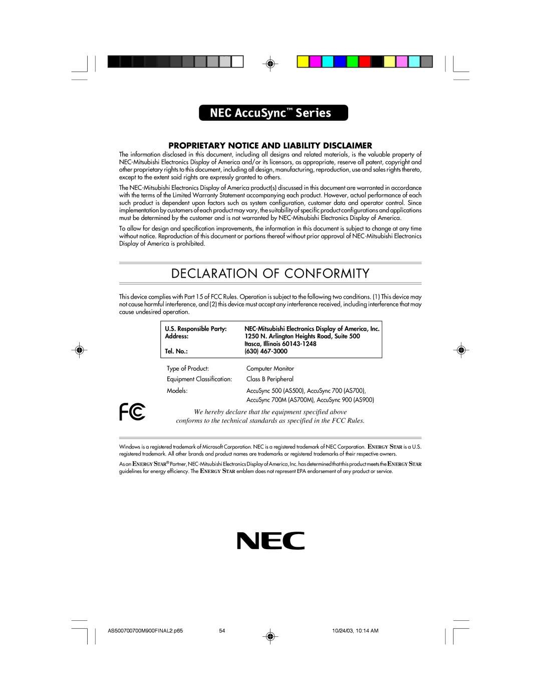 NEC 500, 900, 700 manual NEC AccuSync Series 