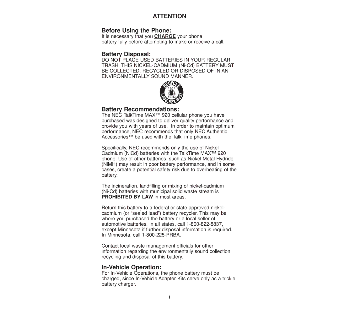 NEC 920 owner manual Before Using the Phone, Battery Disposal, Battery Recommendations, In-Vehicle Operation 