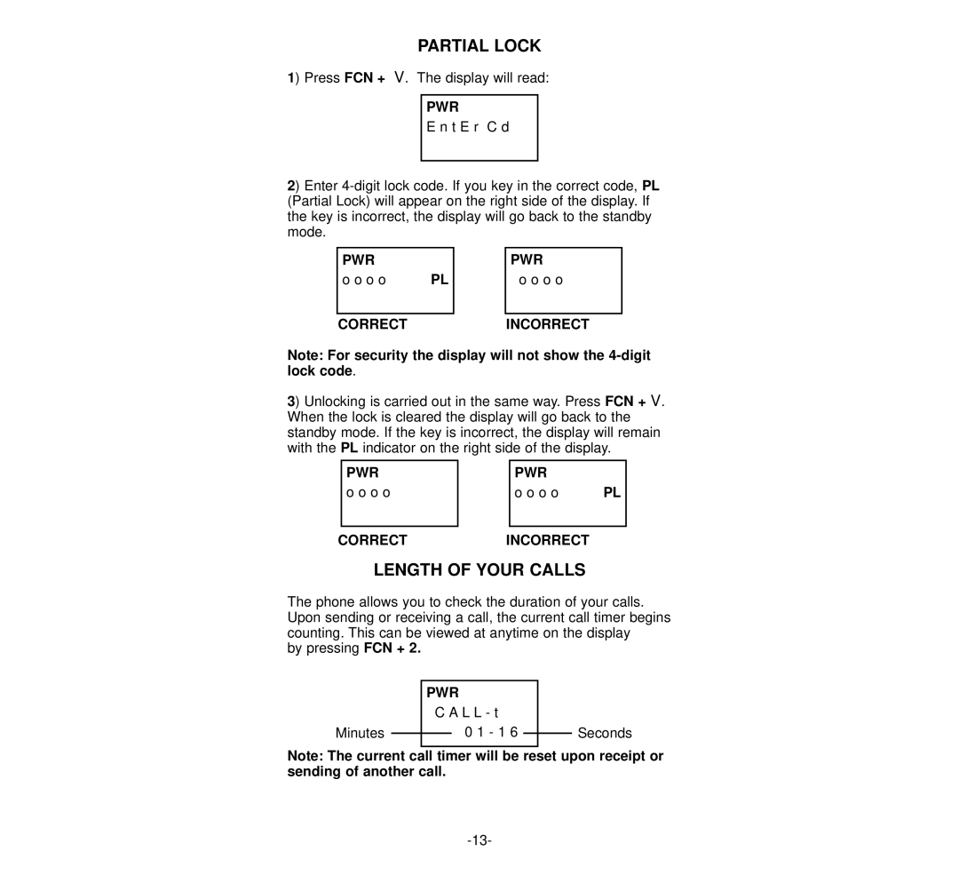 NEC 920 owner manual Partial Lock, Length of Your Calls 