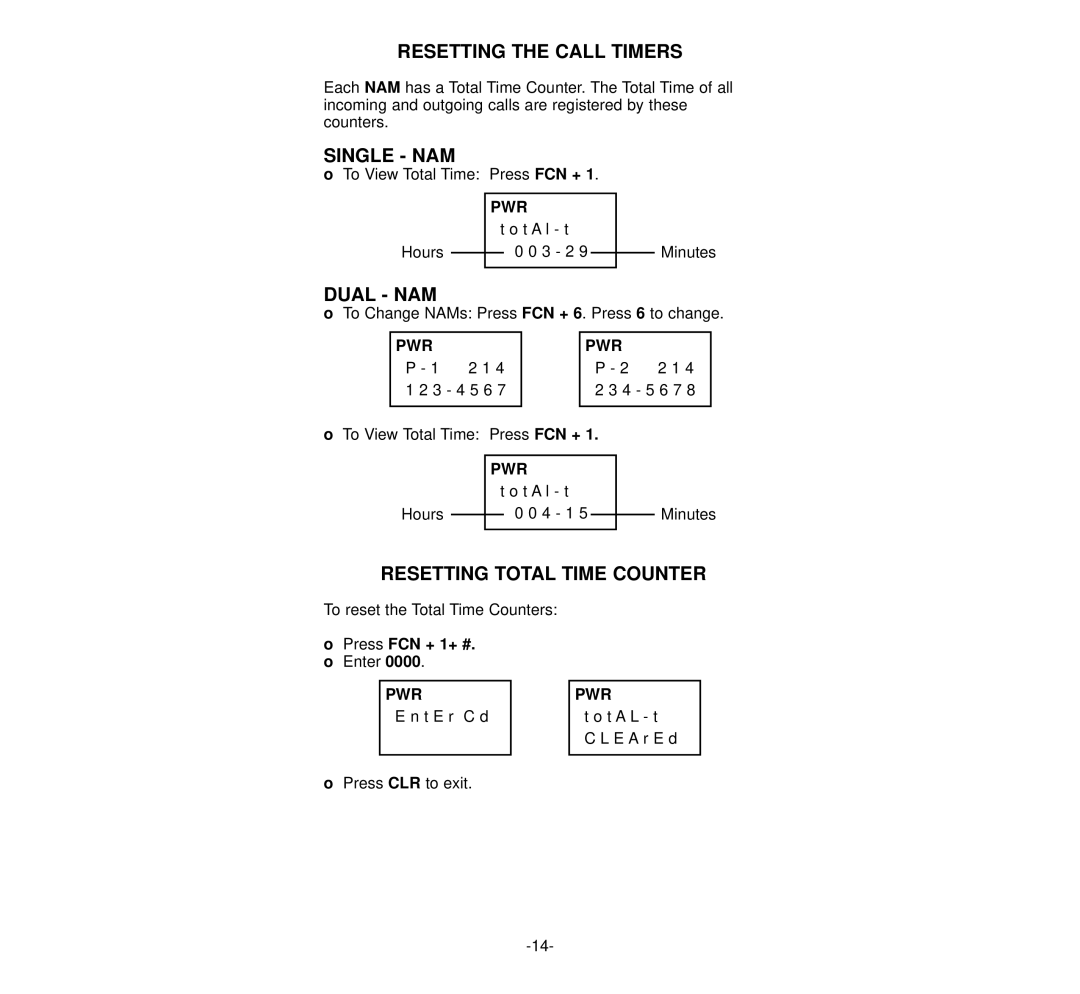 NEC 920 Resetting the Call Timers, Single NAM, Dual NAM, Resetting Total Time Counter, Press FCN + 1+ #. o Enter 