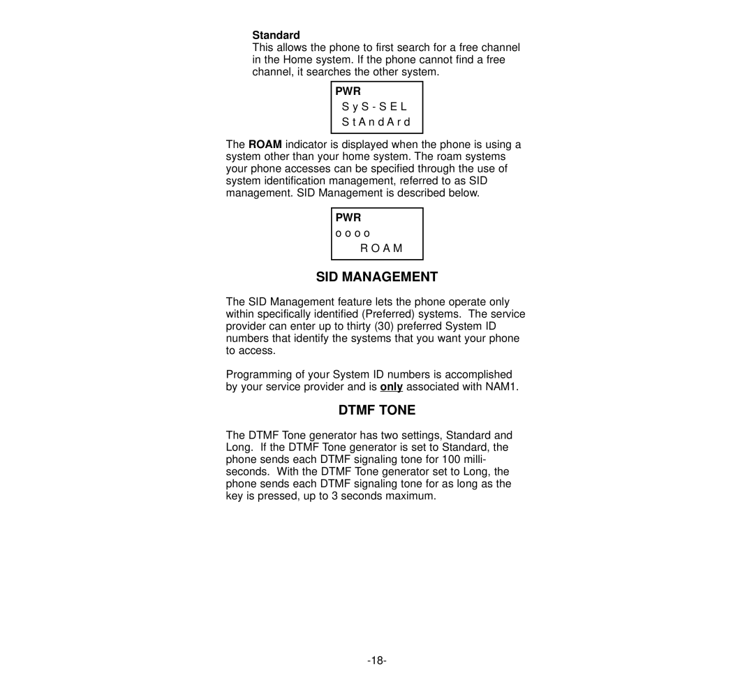 NEC 920 owner manual SID Management, Dtmf Tone, Standard 