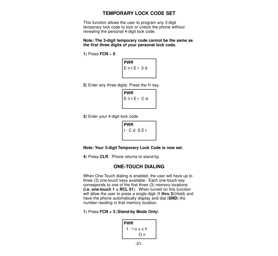 NEC 920 owner manual Temporary Lock Code SET, ONE-TOUCH Dialing, Press FCN + 3.Stand-by Mode Only 