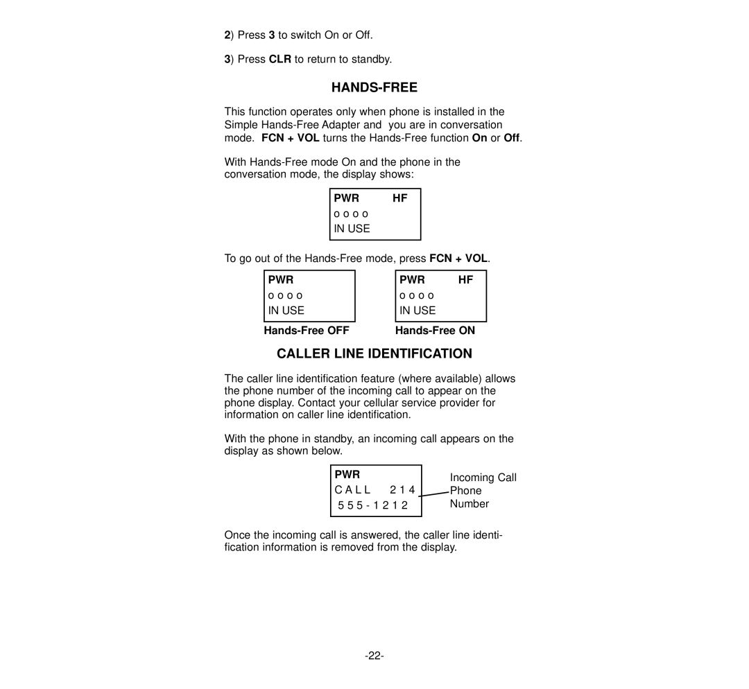 NEC 920 owner manual Caller Line Identification, Hands-Free OFF, Hands-Free on 