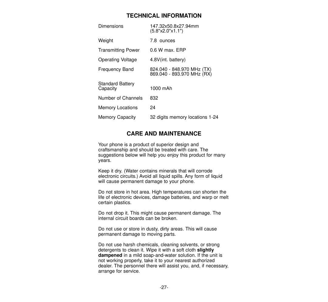 NEC 920 owner manual Technical Information, Care and Maintenance 