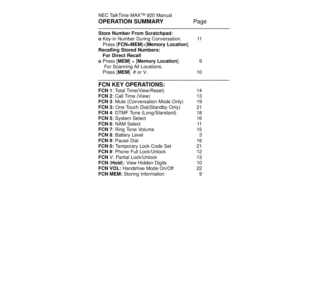 NEC 920 owner manual FCN KEY Operations, Store Number From Scratchpad 