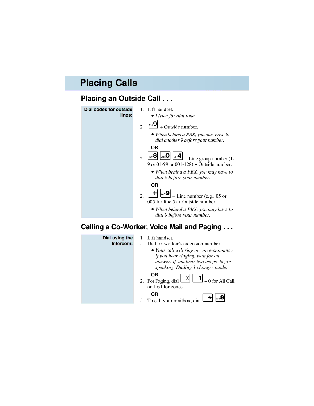 NEC 92600DSL05 manual Placing Calls, Placing an Outside Call, Calling a Co-Worker, Voice Mail and Paging 