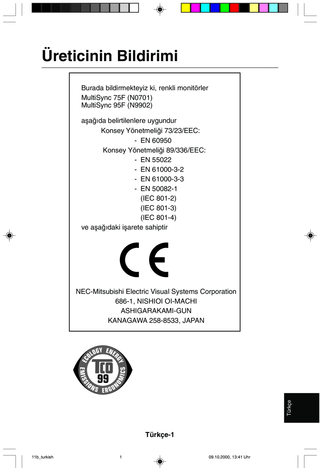 NEC 95F user manual Üreticinin Bildirimi, Türkçe-1 