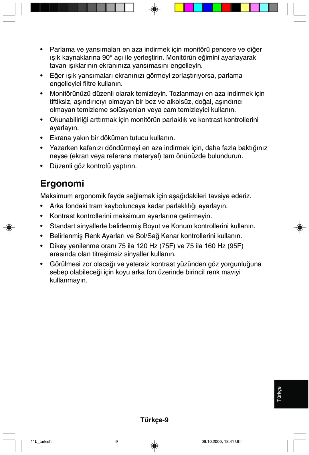 NEC 95F user manual Ergonomi, Türkçe-9 
