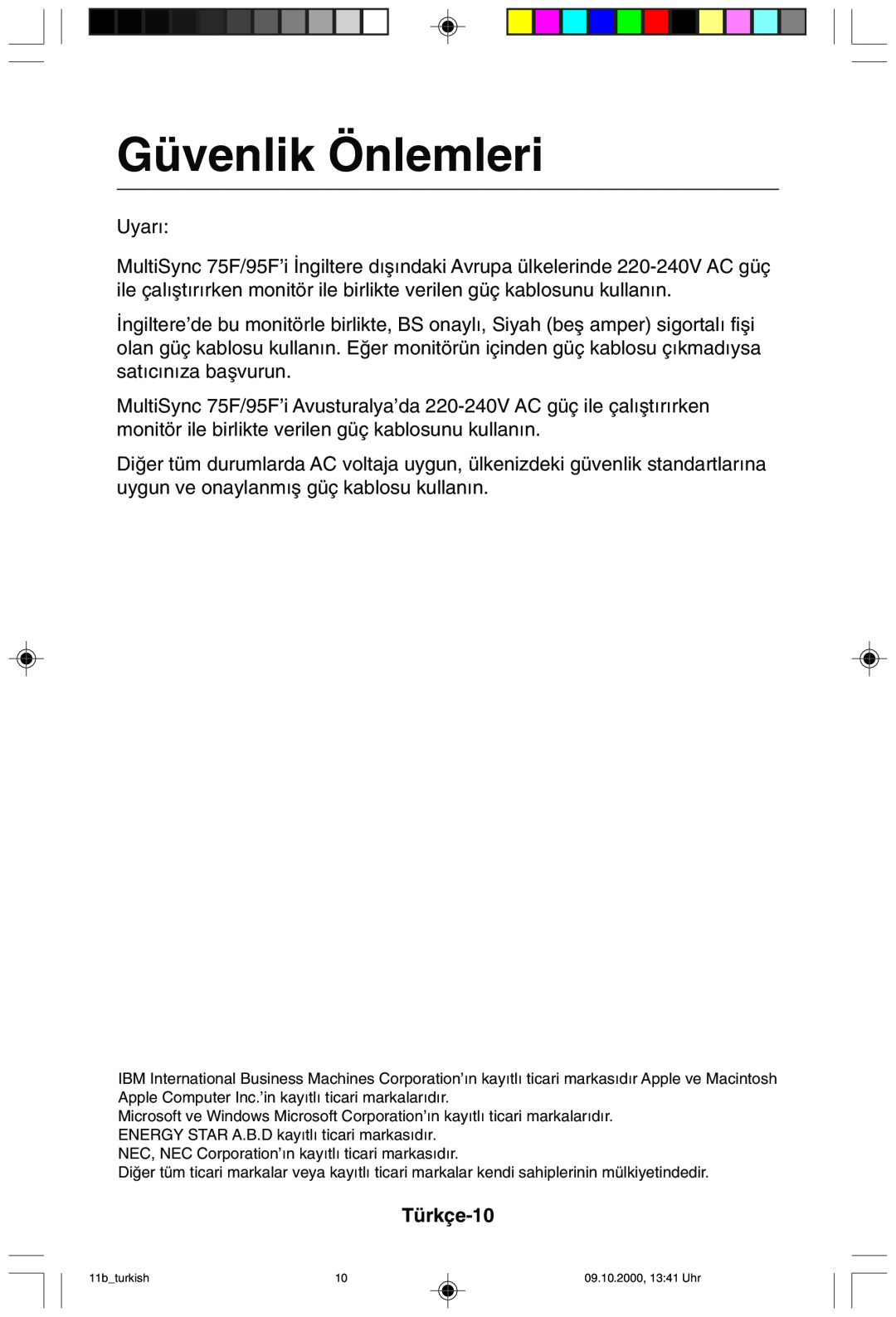 NEC 95F user manual Güvenlik Önlemleri, Türkçe-10 